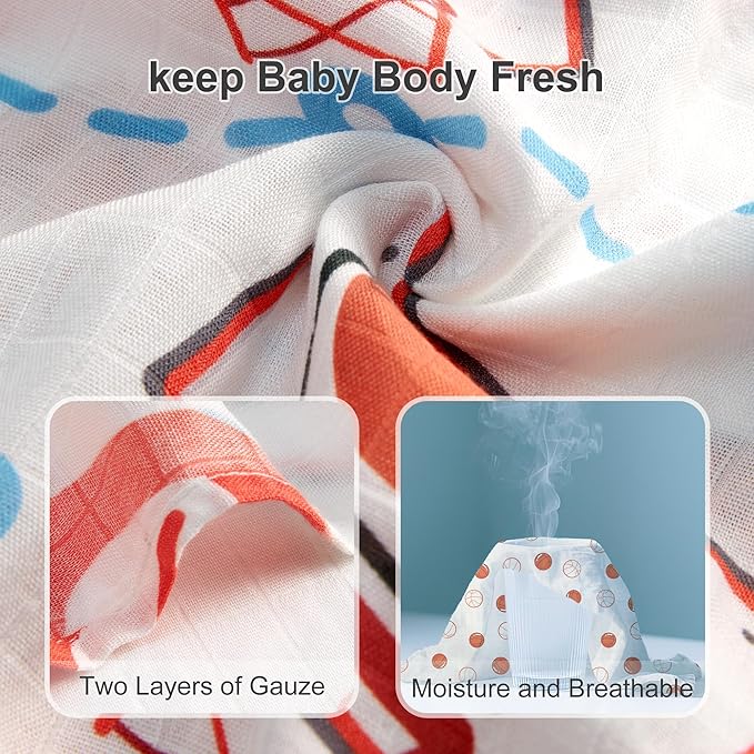Muslin Swaddle Blankets for Newborn, 2 Pack Large 47"x47" Soft Breathable Bamboo Cotton Baby Blanket, Lightweight Receiving Blanket for Boys and Girls, Basketball Fun