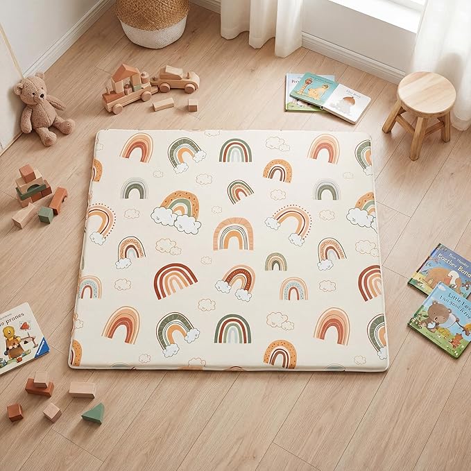 1.5" Thick Premium Baby Floor Play Mat, 50x50 Memory Foam Mat, Tummy Time Crawling Playmat for Nursery Playroom Classroom, Rainbow