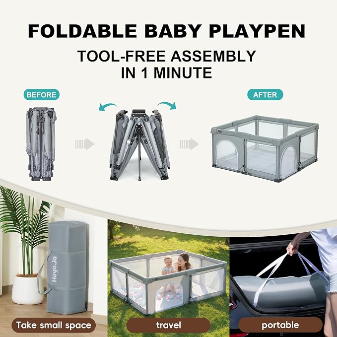 Foldable Playpen with Detachable Thicken Mat,50x50 Inches Portable Playpen,Collapsible Play Pen for Babies and Toddlers,Indoor & Outdoor Baby Fence Play Area,Cold Gray