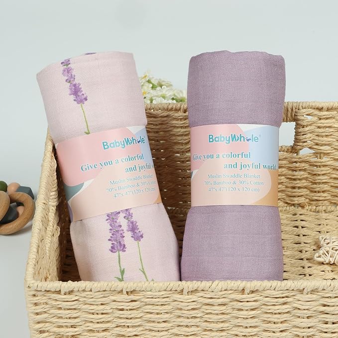 Muslin Swaddle Blankets Neutral, Baby Swaddling Wrap Nursery Receiving Blanket for Baby Girl, 70% Viscose from Bamboo and 30% Cotton, Large 47 x 47 inches Lavender & Mauve