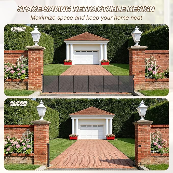 Reinforced 196" Wide Retractable Gate with Reinforced Strips, Indoor/Outdoor Retractable Dog Gate for Doorway Prevent Bottom Drilling Through, Safety Mesh Gate, Black