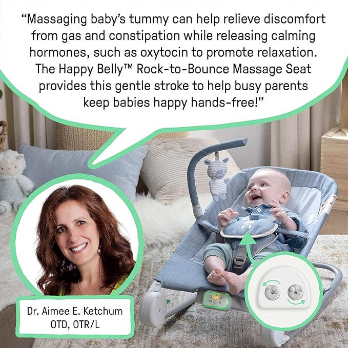 Ingenuity Gas Relief and Anti-Colic Baby Bouncer Seat and Rocker, Gentle Belly Massage to Relax and Soothe Bellies, Instant Tummy Soother, 20 Songs and Melodies – Parker