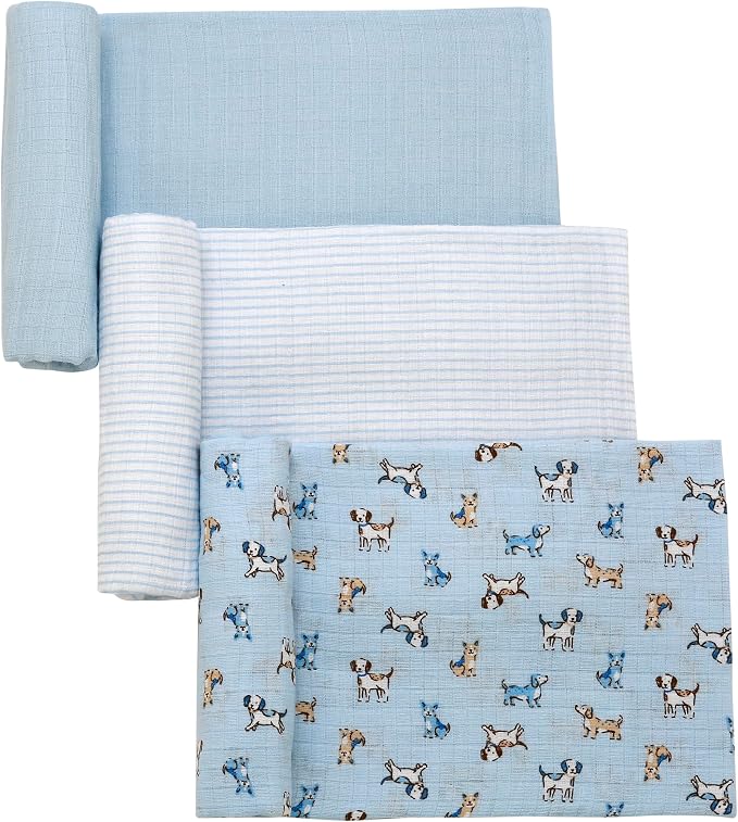 3 Pack Cotton Muslin Swaddle Blankets for Baby, 40" x 36", Lightweight, Breathable, Blue (Puppy Print, Stripe, Solid)