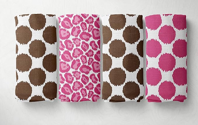 Bacati - 4 Pack Ikat Baby Swaddle Blanket Girls Swaddle Wrap Soft Breathable Cotton Muslin Swaddle Blankets Receiving Blanket for Girls, Large 45 x 45 inches (Dots/Leopard Pink/Chocolate)
