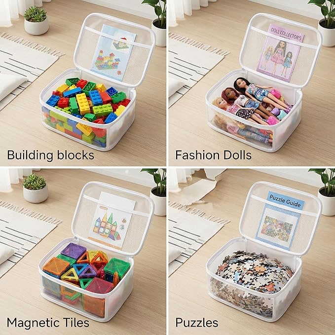 holay Clear Toy Storage Bags with Handle, 4 Pack Playroom Storage Organizer Bins Kids Toys, Board Games, Busy Bags, and Homeschool Supplies ?“Transparent PVC with Reinforced Base(White, Small)