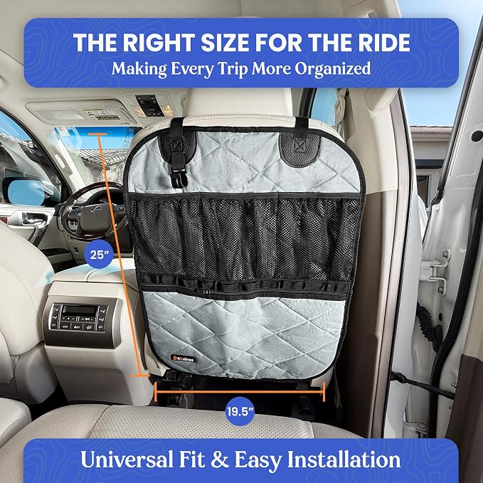 4Knines Car Seat Back Organizer – Heavy-Duty Kick Mat w/Mesh Storage Pockets, Bottle Hook – UV-Resistant Hardware – Waterproof Backseat Organizer for Kids & Pets – Fits SUVs, Trucks, Cars – Grey