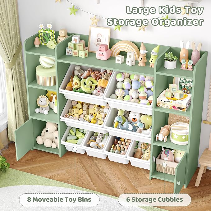 FOTOSOK Toy Storage Organizer with 8 Toy Bins, Toy Organizer Kids Bookshelf with 6 Storage Cubbies, Stuffed Animal Storage Organizer, Playroom Storage and Toy Chest, Green