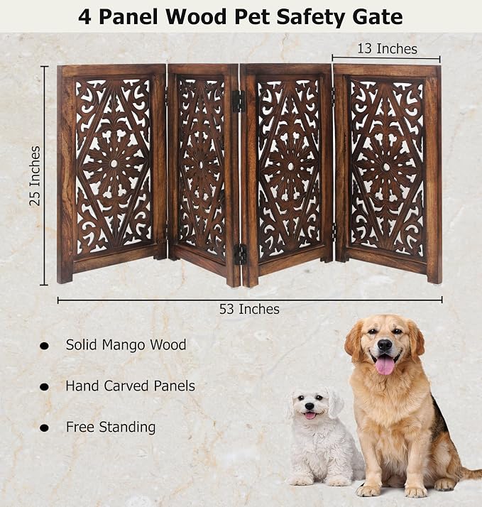 Croft&Cane Wooden Foldable Pet Dog Safety Gate – 4 Panel Freestanding Indoor Pet Fence - 13 inches W x 25 inches H – Hand-Carved Solid Wood & MDF – Fully Assembled - Dark Walnut