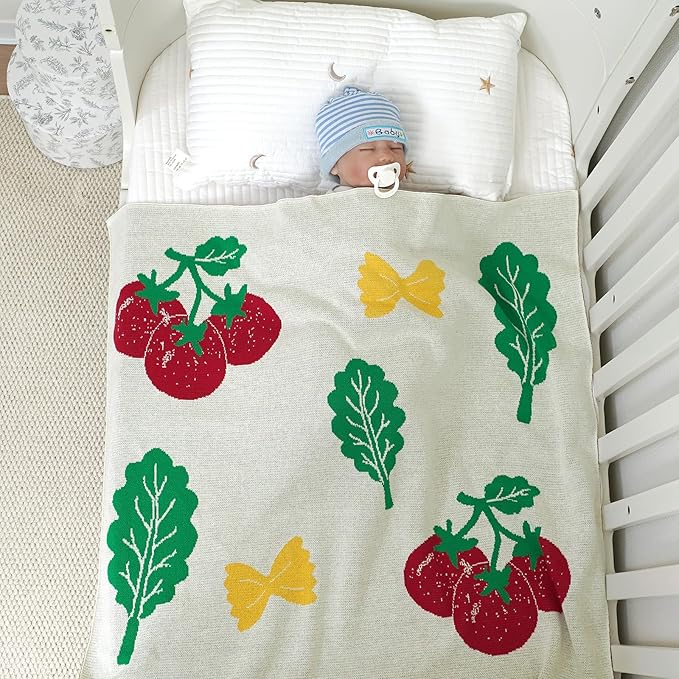 Opewod Cozy 100% Cotton Knitted Baby Blanket, 30"x40" Cute Strawberry & Bow Pattern, Soft Receiving Blanket for Newborns & Toddlers, Ideal for Crib, Stroller & Nursery Decor