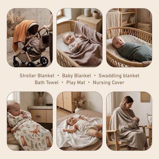 Muslin Swaddle Blankets for Newborn, 4 Pack Breathable Soft Receiving Blanket, Large 38 x 40 inches Swaddle Wrap Burping Clothes, Essentials Infant Shower Items, Toddler Gift (Forest Fox)