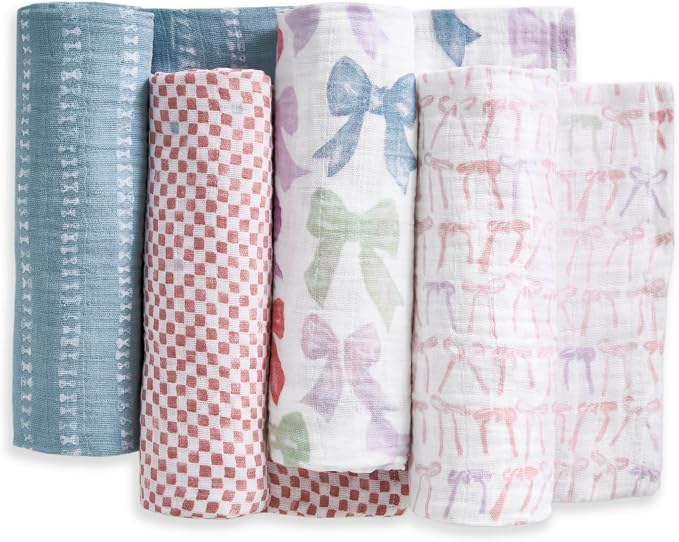 aden + anais 100% Organic Cotton Muslin Swaddles, Breathable Baby Blanket, Ideal for Boys, Girls, Newborns, Babies & Infants, Receiving Blanket, Soft and Lightweight Wrap, 4 Pack, Bow Atelier