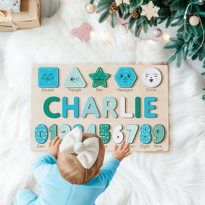 Wooden Name Puzzle Personalized with Numbers & Shapes for Kids 1-3 | 11 Color Themes | Handmade Montessori Toy, Keepsake Decor & Ideal 1st Birthday Gift