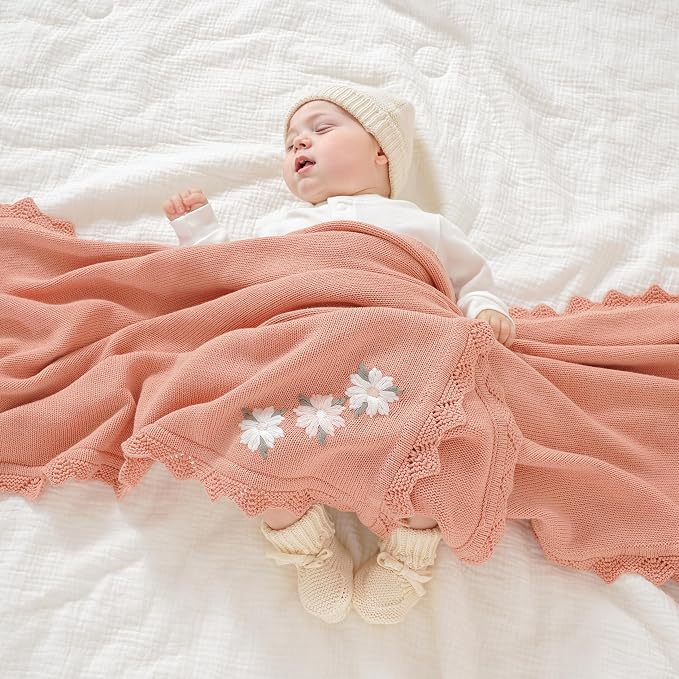LAWKUL Baby Blanket 100% Traceable Cotton Knit Receiving Blankets Infant Swaddle for Newborn Boy Girls 40"x30" Pink Floral