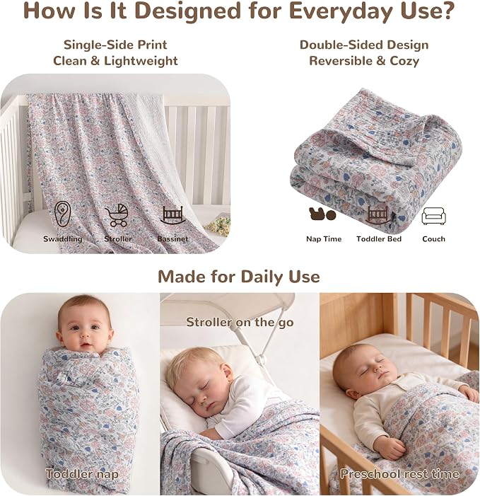 NTBAY Muslin Toddler Blanket, 4-Layer, 30x40 Soft and Breathable Receiving Blanket for Newborns and Infants, Crib Stroller Travel Use, Vintage Floral