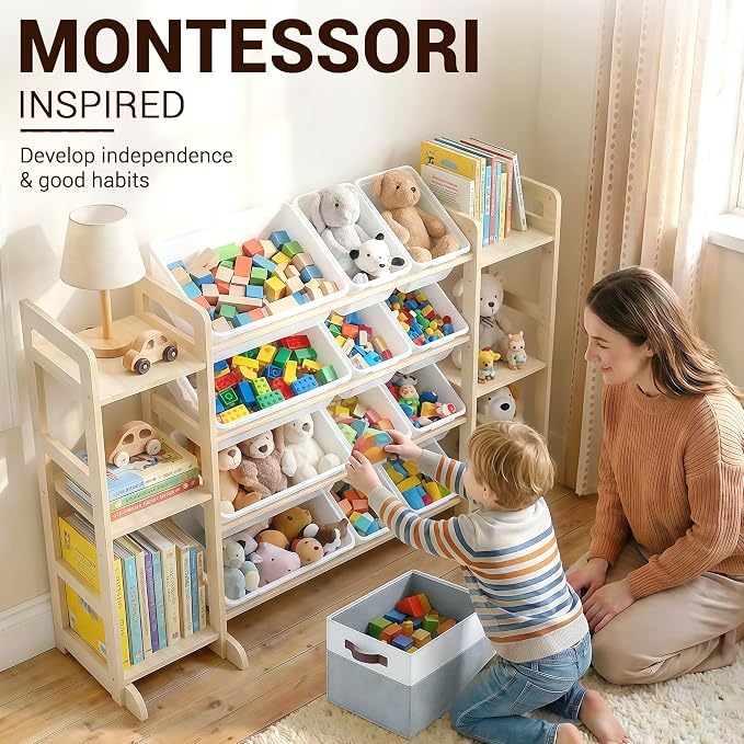 Kiddocood Kids Toy Storage Organizer with 12 Bins, 100% Solid Wood - Natural Finish Montessori Toy Organizer, BPA Free, CPC-Certified Playroom Organization for Living Room & Nursery, 52.3"
