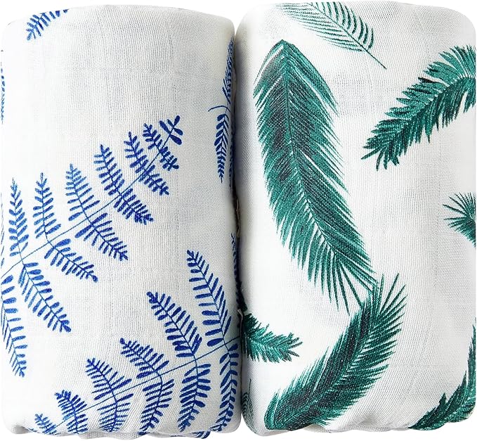 Margaux & May Organic Muslin Baby Swaddle – 100% Organic Cotton, Large 47” x 47” Newborn Swaddle, Soft & Breathable Muslin Swaddle Blanket, Blue Fern and Green Feather