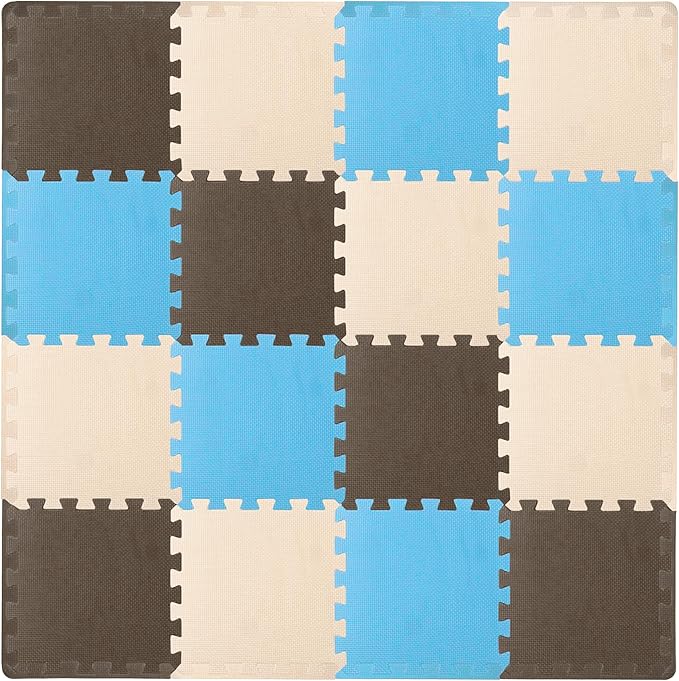ProSource Foam Puzzle Floor Play Mat for Kids and Babies with Solid Colors, 36 or 16 Interlocking Tiles with Borders, Blue/Brown/Beige