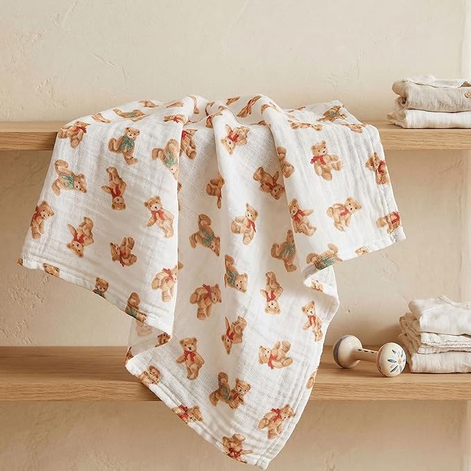 GLLQUEN BABY Receiving Blanket Boy Cotton Muslin Swaddle Blankets Girl Newborn Squares Breathable & Soft Thin Baby Blankets Cloths Double Absorbent Infant Swaddling Wrap - 6 Pack (Christmas Bear)