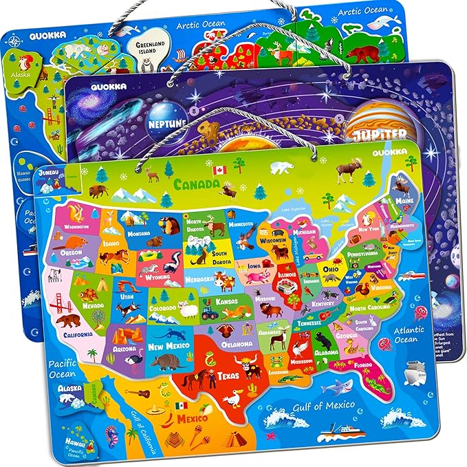 QUOKKA Magnetic Puzzles for Kids Ages 3-5 — 3 Educational Magnet Puzzles for Kids Ages 4-6 — Space, USA and World Map Learning Toys for Toddlers 2-4 — Learning United States Game for Children 6-8