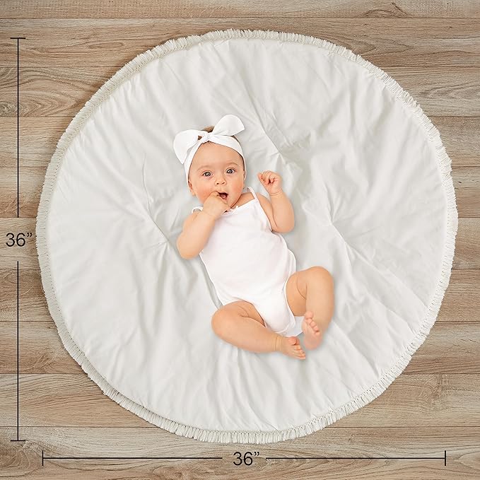 Sweet Jojo Designs Ivory Boho Chic Sun Boy Girl Baby Play Mat Tummy Time Activity Infant Playmat Playpen Tent Teepee Floor Cotton Bohemian Farmhouse Shabby Nature Gender Neutral Beige Tufted Fringe