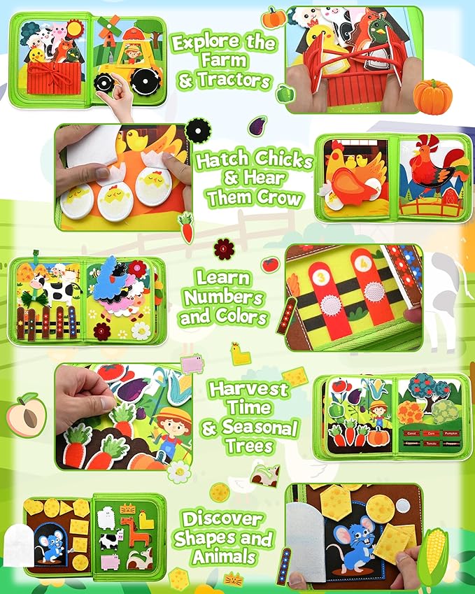 Meafeng Busy Board for Toddlers 1-3 – Montessori Busy Toys for 1 2 3 Year Old Boys Girls, Preschool Educational Travel Quiet Activity Book with Life Skills, Sorting, Matching, and Cognitive Games