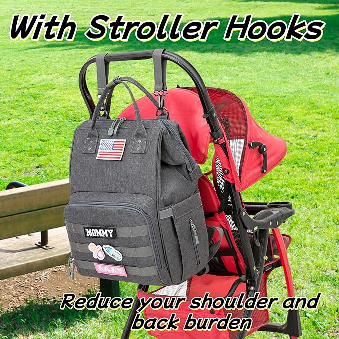 Diaper Bag Backpack for Dad and Mom with USB Charging Port Stroller Straps and Insulated Pocket,army military Travel Nappy Backpack (Dark Grey)