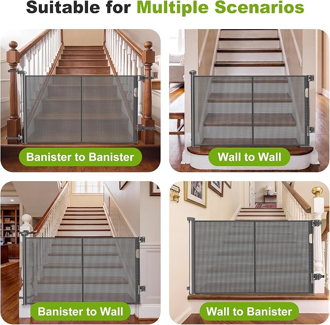 Retractable Baby Gate for Stairs & Banister, 55" Wide Mesh Dog Gate, One-Handed Dual Lock Safety Gate for Kids & Pets, Fits Round & Square Posts (Gray)