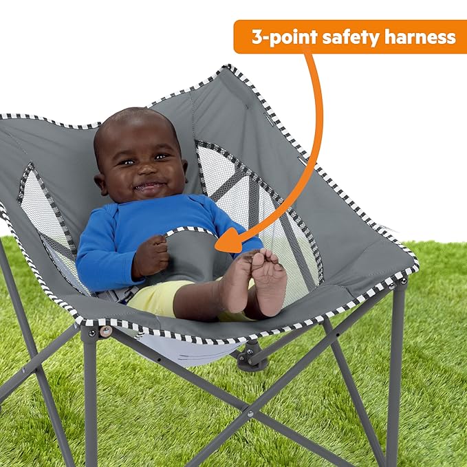 Bright Starts Pop 'N Chill Portable Infant Beach Chair, Travel Seat with UPF 50+ Canopy, Indoor/Outdoor Baby Seat, Grey, 0?? Months