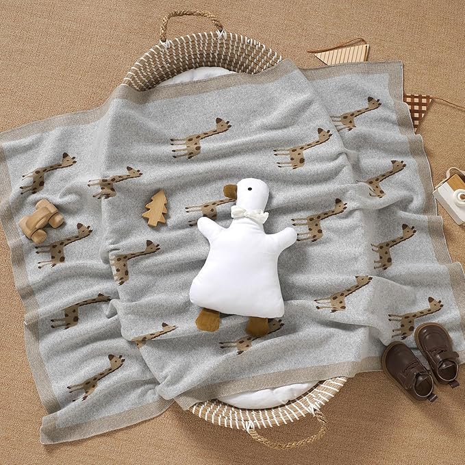 Opewod Soft Cotton Knit Baby Blanket with Cute Deer Print 40x30in Newborn Receiving Blanket Swaddle Cuddle Blanket for Crib, Stroller, or Nursery for Infants & Toddlers Light Grey