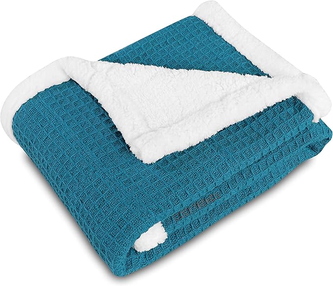 Luxurious Cotton Unisex Baby Boy Girl Blanket Waffle Weave with Sherpa Backing Soft Cozy 30''x40'' Receiving Crib Stroller Nap Blanket (Teal)
