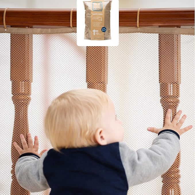 Roving Cove Stair Banister Guard 10ft x 3ft, Railing Safety Net for Baby Proofing, Child Safety Stairway Cover, Balcony Mesh Netting, Almond Brown