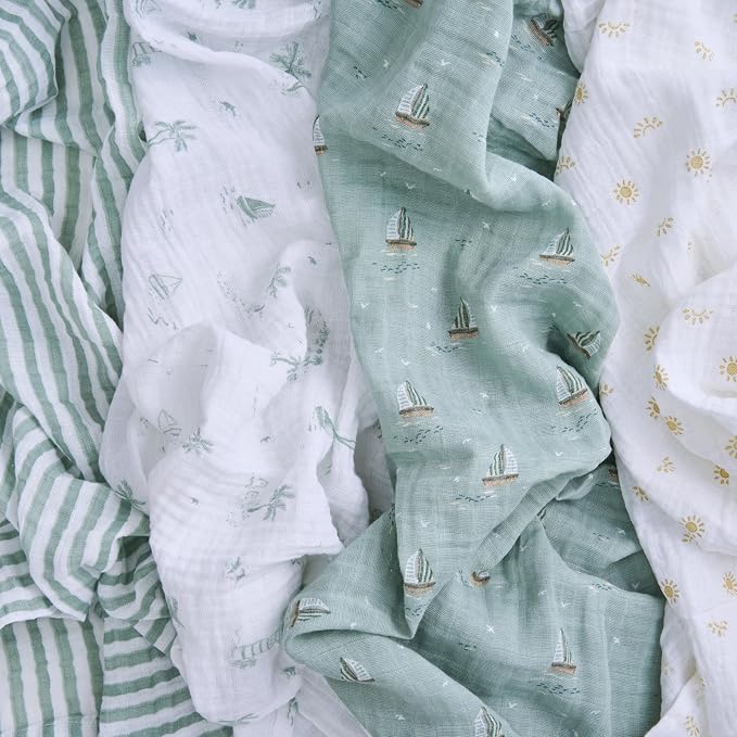 aden + anais Boutique Organic Swaddle Blanket 4-Pack – 100% Organic Cotton Muslin, Large, Soft, Breathable Receiving Blankets for Infants – Lightweight Multi-Use Baby Swaddles, Sailing Seas