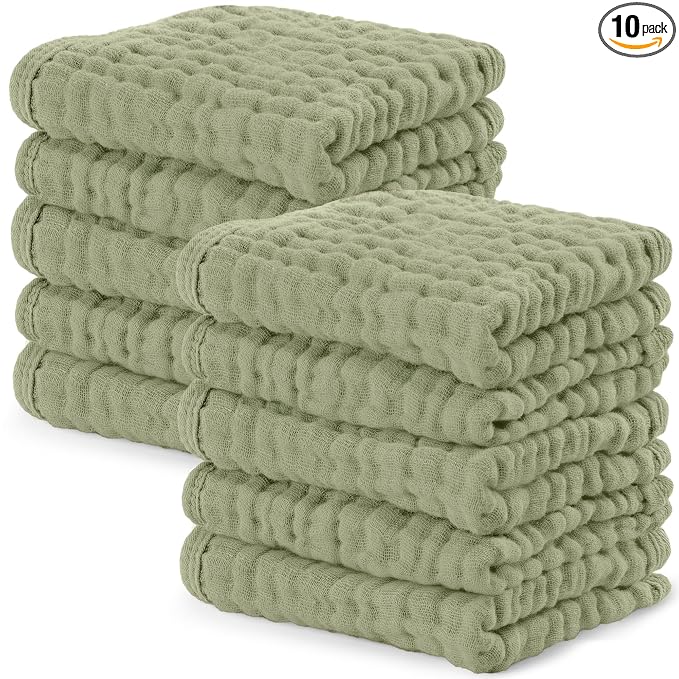 Comfy Cubs Muslin Baby Washcloths 10 Pack - Soft 6-Layer Cotton Wash Cloths for Sensitive Skin - 10"x10" Large, Gentle, Absorbent Infant Essentials for Newborn and Toddlers - Sage