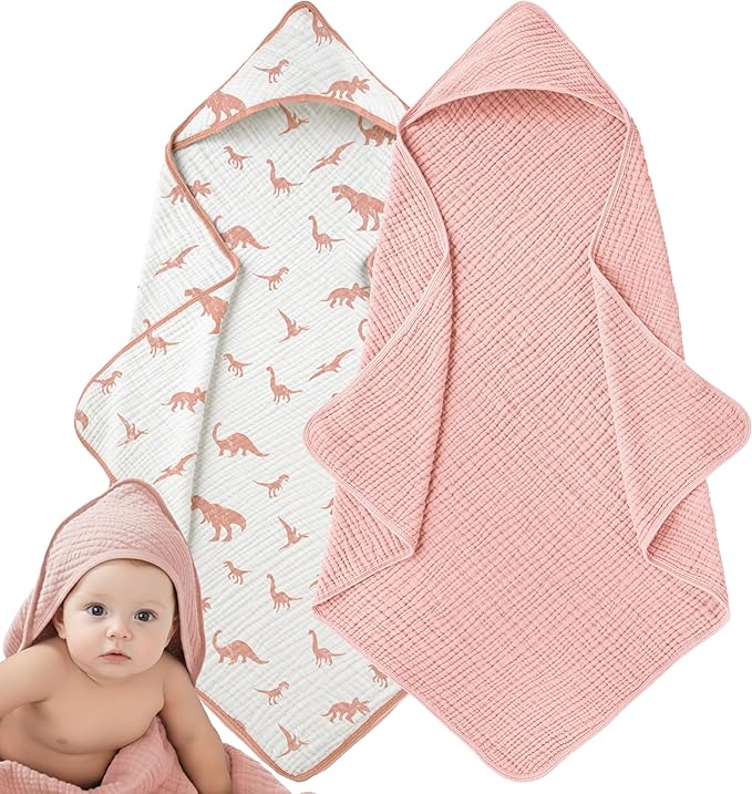 Muslin Hooded Baby Towels for Newborns, 32"x32", 100% Cotton ??6 Layers Super Soft Absorbent Breathable, Baby Bath Towel, Toddler Bath Towel ??Pack of 2