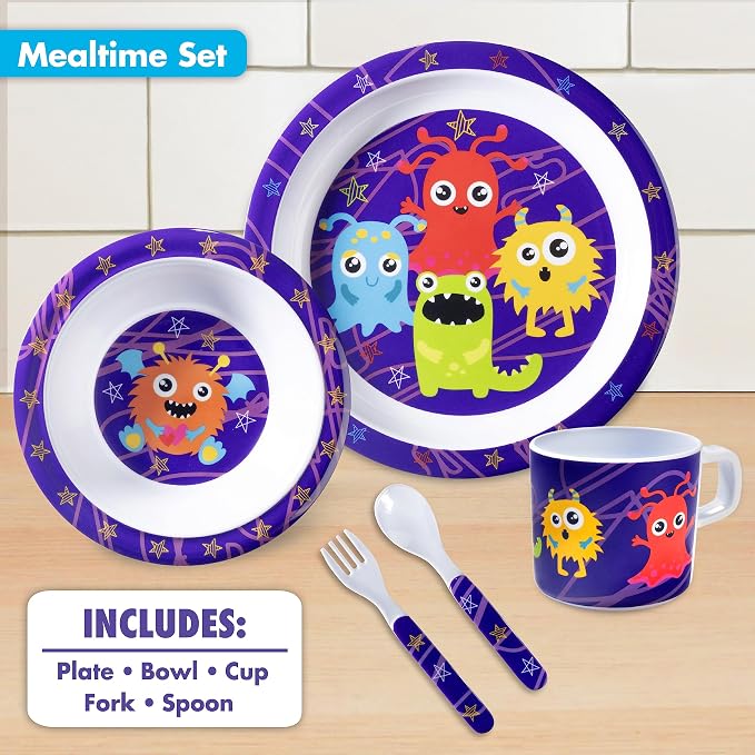 Bentology 5 Pc Mealtime Set for Kids - Monster Theme - Includes Raised Edge Plate & Bowl, Cup, Fork & Spoon- Dishwasher Safe, BPA Free- Cute Durable Dish, Easy Self-Feeding- Gift for Toddlers