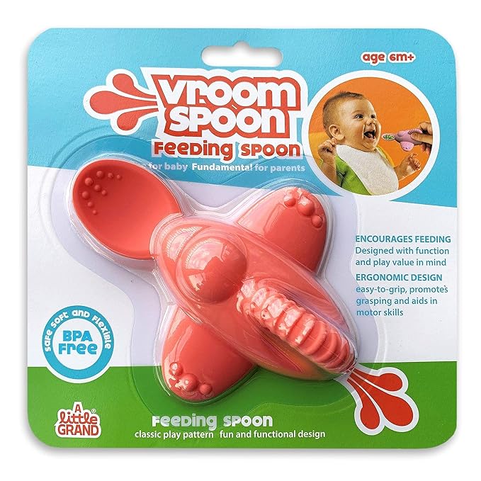 Vroom Spoon - 100% Silicone Soft Training Spoon for Spoon Feeding, Self-Feeding and Baby Led Weaning, Ergonomic Grip with Finger Slot for Easy Fun Feeding (Blue) (1 Spoon, Pink)