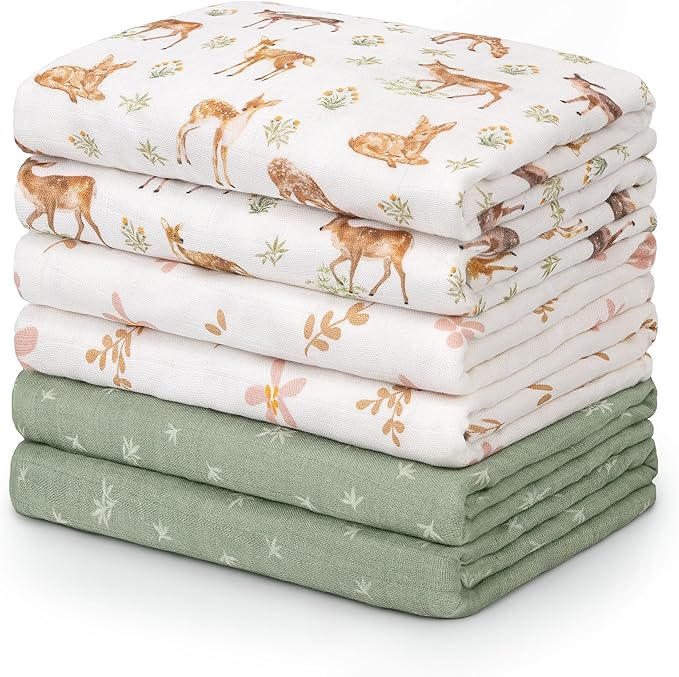 GLLQUEN BABY Muslin Swaddle Blankets 6 Pack, Soft Cotton Baby Swaddle, Breathable Receiving Blanket for Newborn Boys Girls, Multipurpose Nursing Cover & Stroller Sun Shade, Deer Pattern