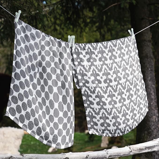 Bacati Ikat Coral/Grey Dots/Stripes Swaddling Muslin Blankets Set of 4
