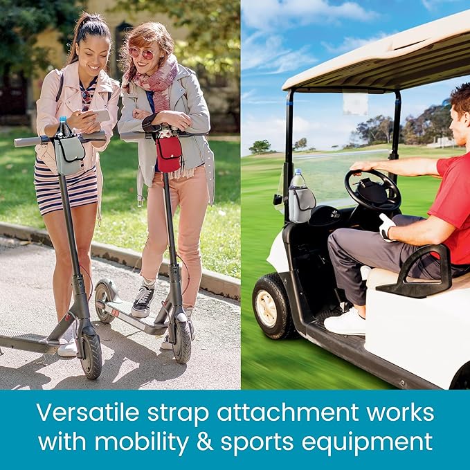 High Road Neoprene Bottle Holder and Phone Pouch for Mobility Equipment and Electric Scooters - Cup Holder for Strollers, Scooters, Rollators and Walkers, Red