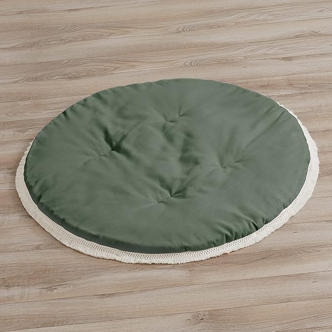 Sweet Jojo Designs Dark Green Boho Chic Girl Boy Unisex Baby Playmat Tummy Time Infant Play Mat Solid Sage Hunter Ivory Bohemian Gender Neutral Linen Macrame Modern Farmhouse Designer Minimalist Tuft