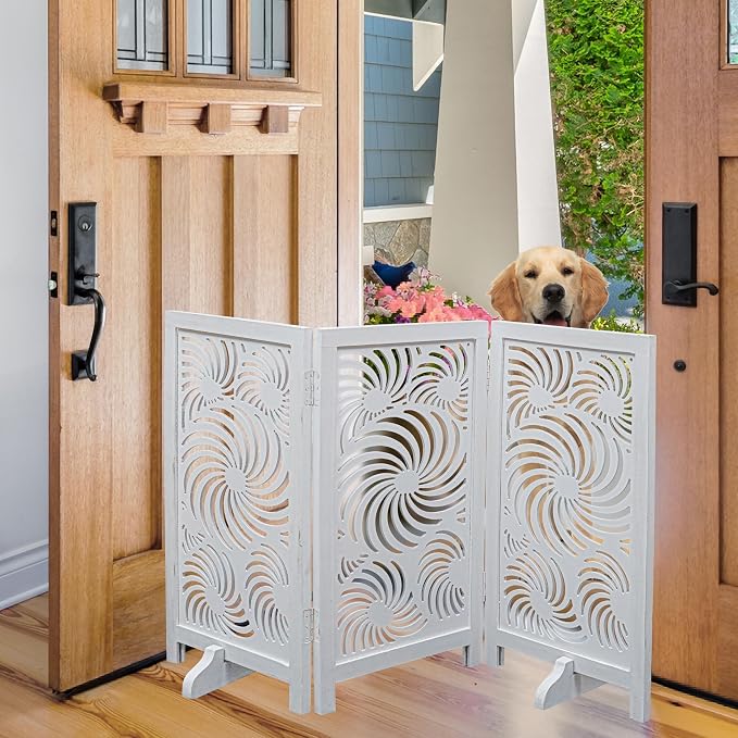 Freestanding Pet Gate for Dogs, Foldable Wooden Dog Gate for House, Indoor Dog Gate for Stair, Doorway,Sun Flower Design Gates for Dogs Indoor, 48 Inch Wide, (16" x3 Panels =48 inch),White Antique