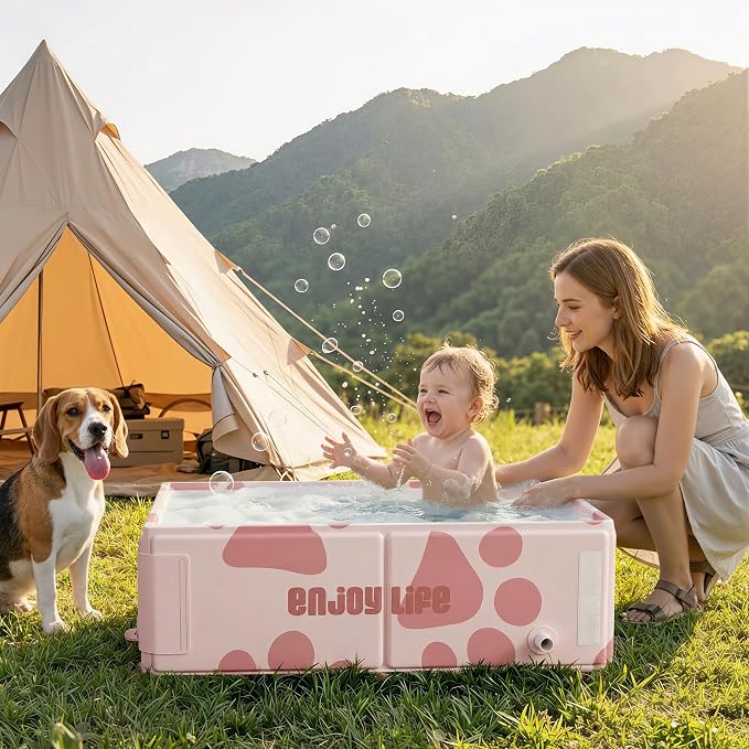 Collapsible Baby Bathtub for Newborn to Toddler, Foldable Toddler Bathtub with Drain Plug, Non-Slip Portable Infant Bath Tub for Travel Storage Outdoor Use, Milky Pink