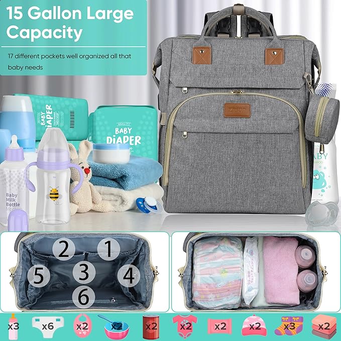 ZRSUN Baby Diaper Bag Backpack,Baby Shower Gifts, Multifunctional Travel Diaper Bag, Gifts for Mom with Portable Diaper Pad (Grey)