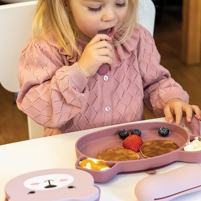TUM TUM Suction Bowl for Baby, Toddler Bowl with Lid & Spoon, for Babies & Toddlers 6 Months+, BPA Free Silicone Baby Feeding Set, Microwave/Dishwasher/Freezer Safe, Betsy Bear, Pink