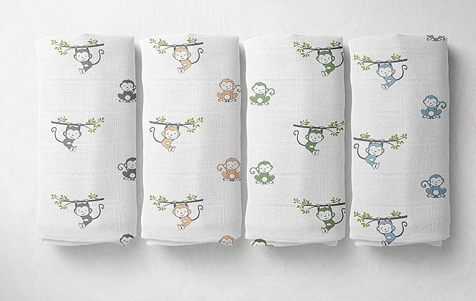 Bacati - Happy Monkeys Muslin Swaddling Blankets Set of 4 (Boys- Blue/Green/Grey/Biege)