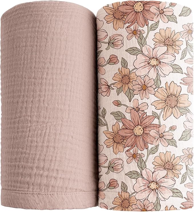 Konssy Muslin Swaddle Blankets for Boys Girls, 2 Pack Receiving Baby Blanket Large 47 x 47 inches, Soft Breathable Swaddling Wrap for Unisex Newborn (Vintage Petals,Taupe)