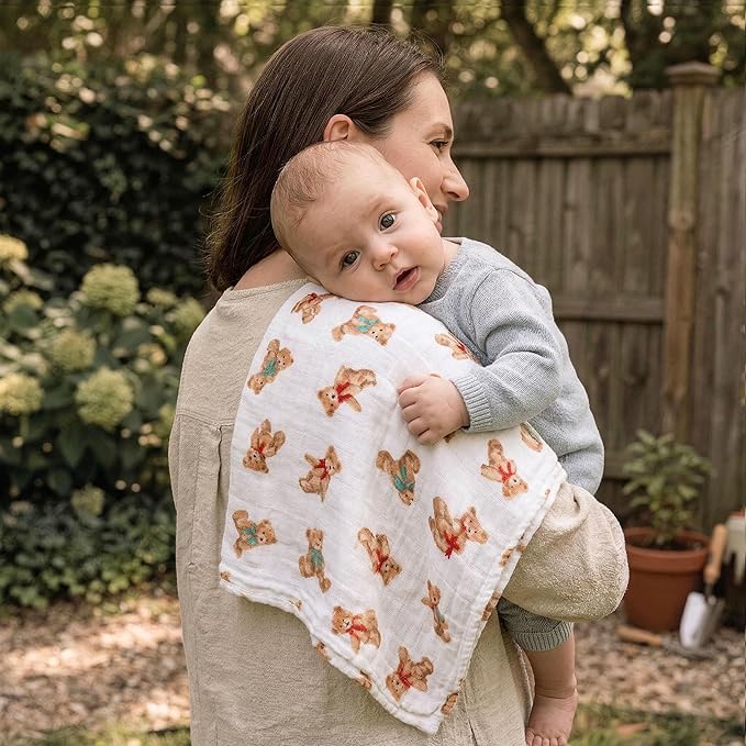 GLLQUEN BABY Receiving Blanket Boy Cotton Muslin Swaddle Blankets Girl Newborn Squares Breathable & Soft Thin Baby Blankets Cloths Double Absorbent Infant Swaddling Wrap - 6 Pack (Christmas Bear)