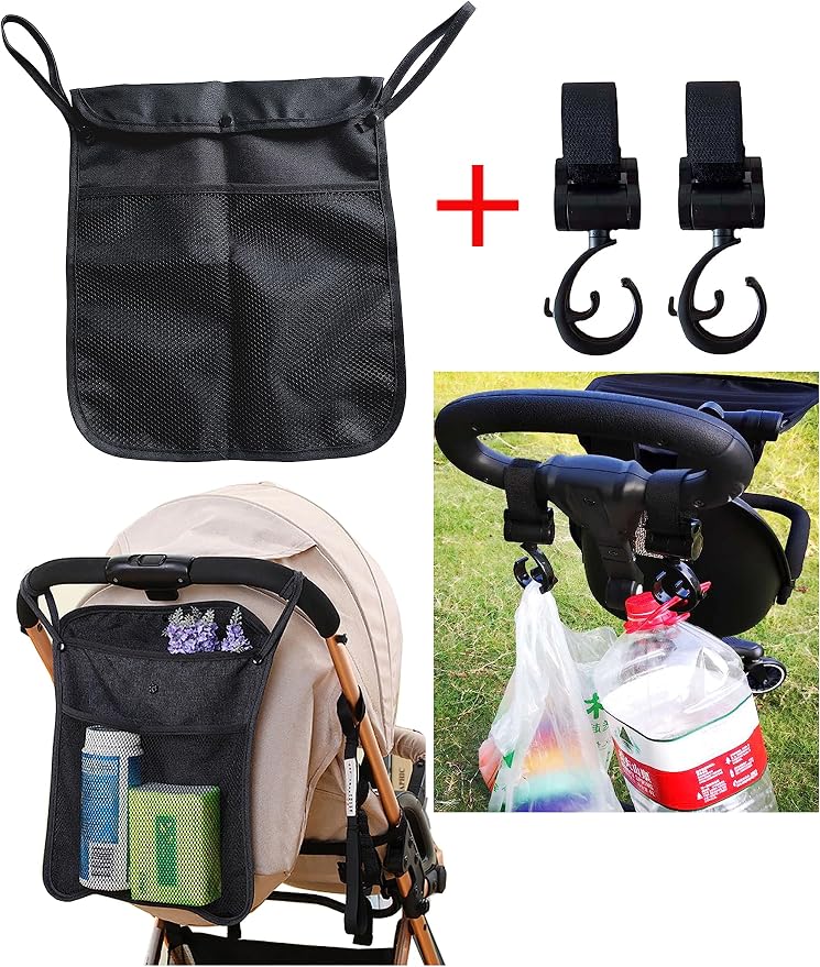 Baby Stroller Organizer With Two compartments Front Mesh Pocket for Bottle Nappy Diaper Storage, Detachable Straps,2pcs Organizer Hooks (Yellow)