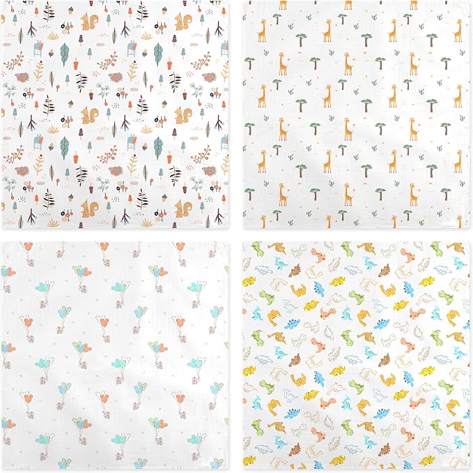 4-Pack Muslin Swaddle Blankets 47x47-100% Cotton Breathable Receiving Blankets for Newborn Baby, Soft Swaddling Wraps, Joyful Jungle Friends