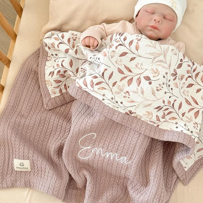 Mouliss Personalized Baby Blanket with Name ??Handmade 100% Organic Cotton Newborn Gift | Custom Knit Blanket for Boys, Girls, Kids & Baby Showers